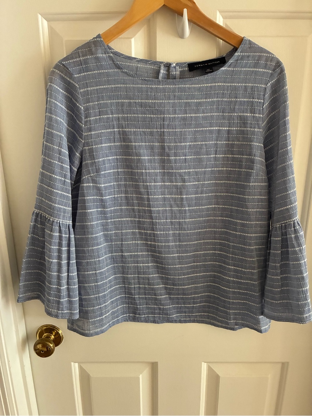 Tommy Hilfiger Light Blue Striped Bell-Sleeve Women's Top, Cotton, Small